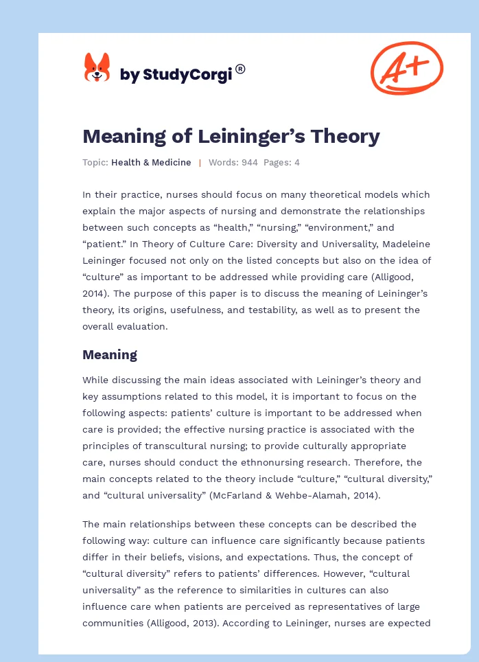 Meaning of Leininger’s Theory. Page 1