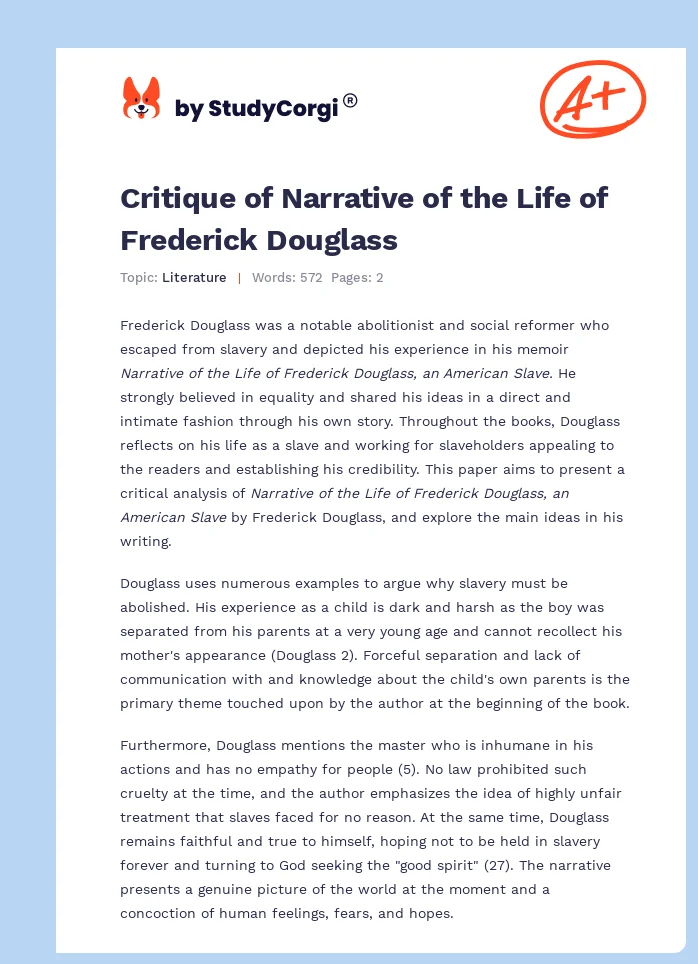 Critique of Narrative of the Life of Frederick Douglass. Page 1