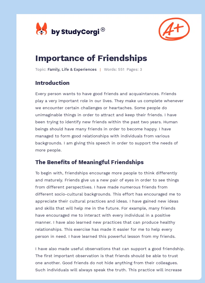 Importance of Friendships. Page 1