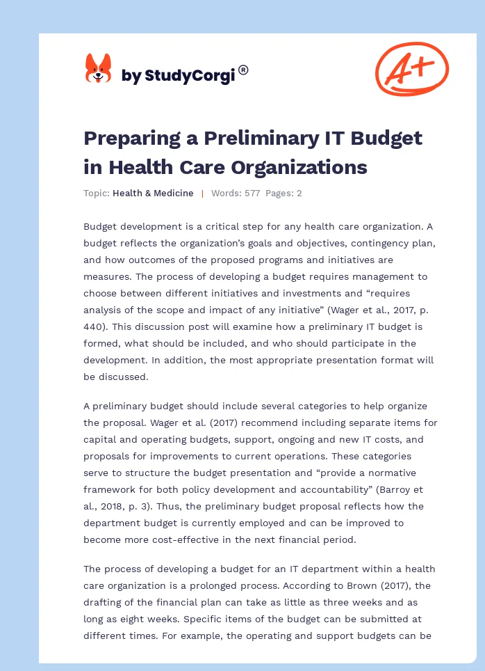 Preparing a Preliminary IT Budget in Health Care Organizations. Page 1