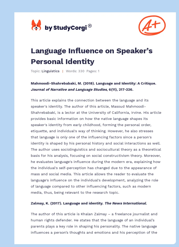 Language Influence on Speaker’s Personal Identity. Page 1