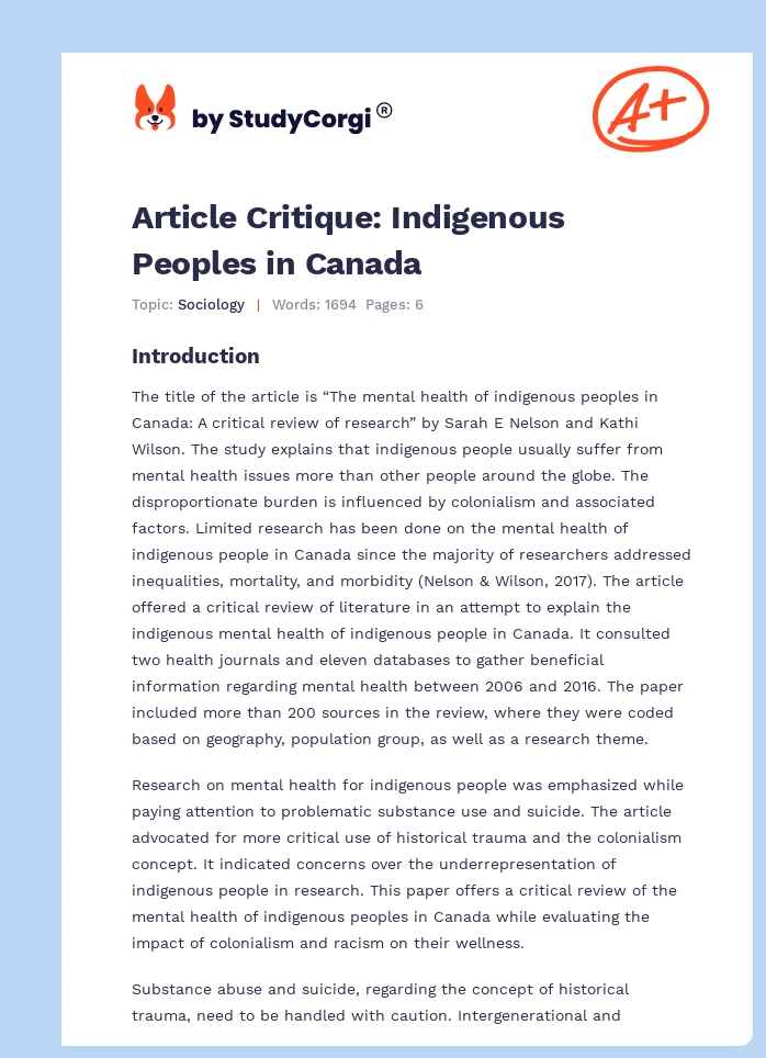 Article Critique: Indigenous Peoples in Canada. Page 1