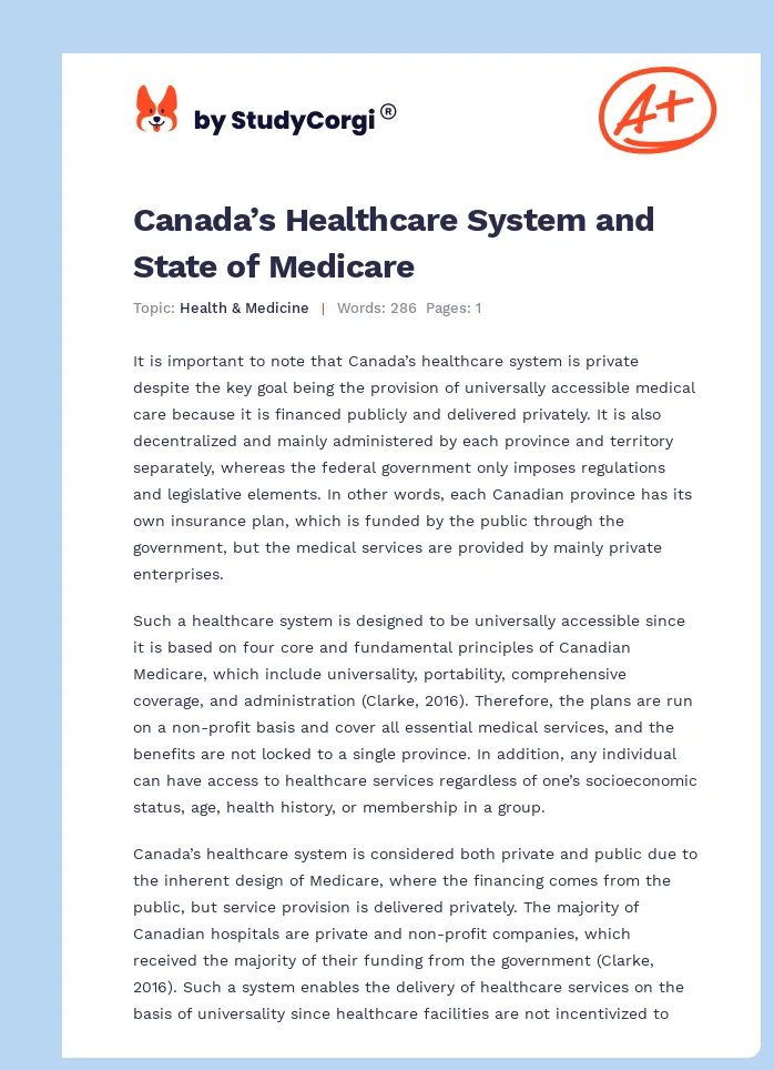 Canada’s Healthcare System and State of Medicare. Page 1