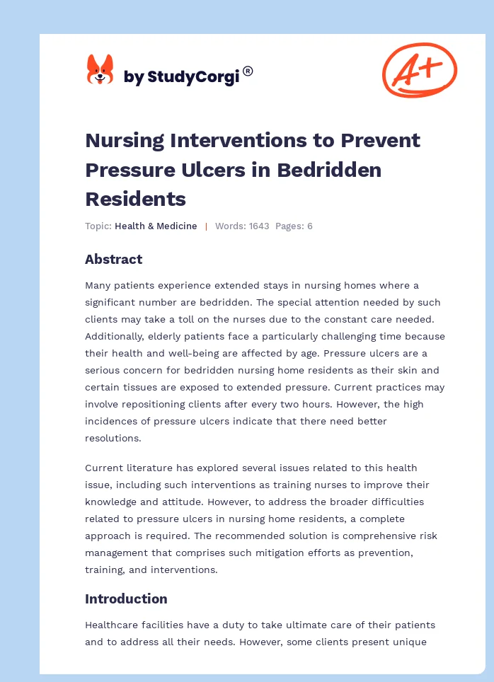 Nursing Interventions to Prevent Pressure Ulcers in Bedridden Residents. Page 1