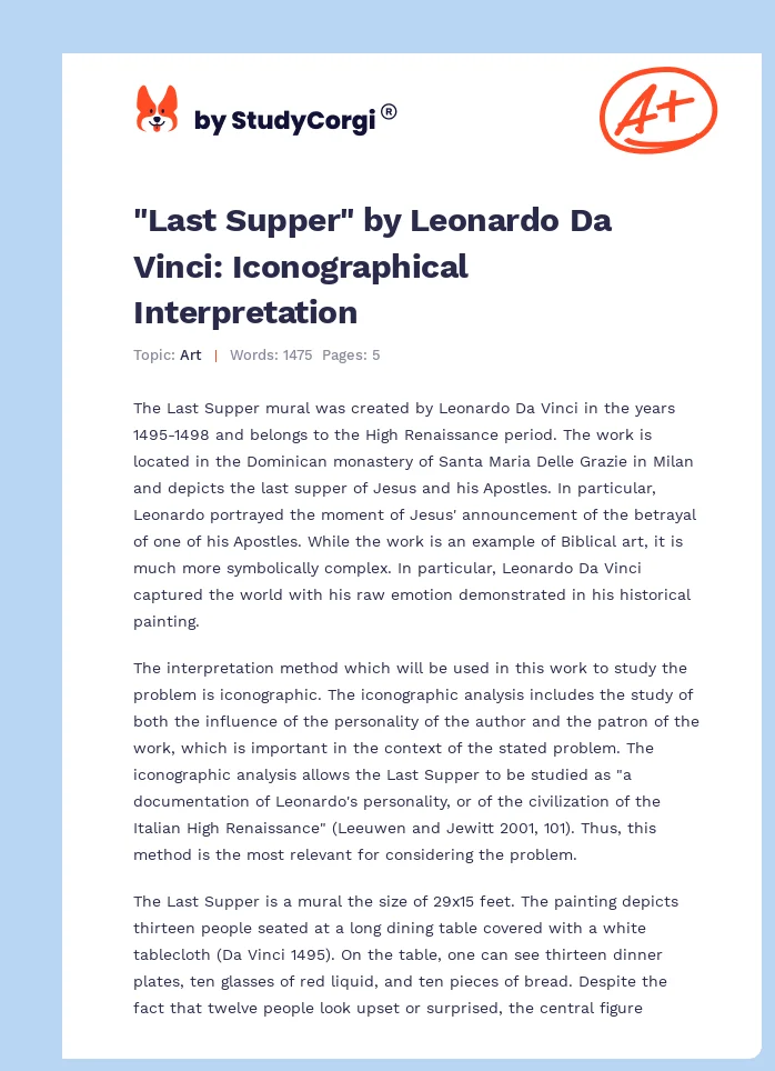 "Last Supper" by Leonardo Da Vinci: Iconographical Interpretation. Page 1