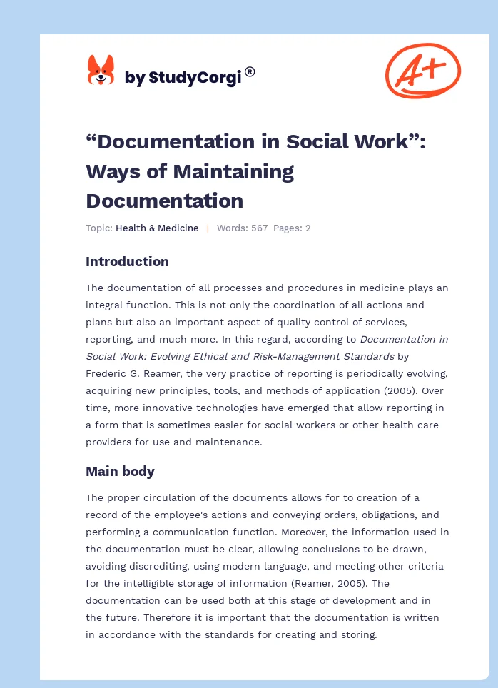 “Documentation in Social Work”: Ways of Maintaining Documentation. Page 1