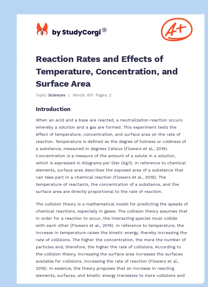 Reaction Rates and Effects of Temperature, Concentration, and Surface Area. Page 1