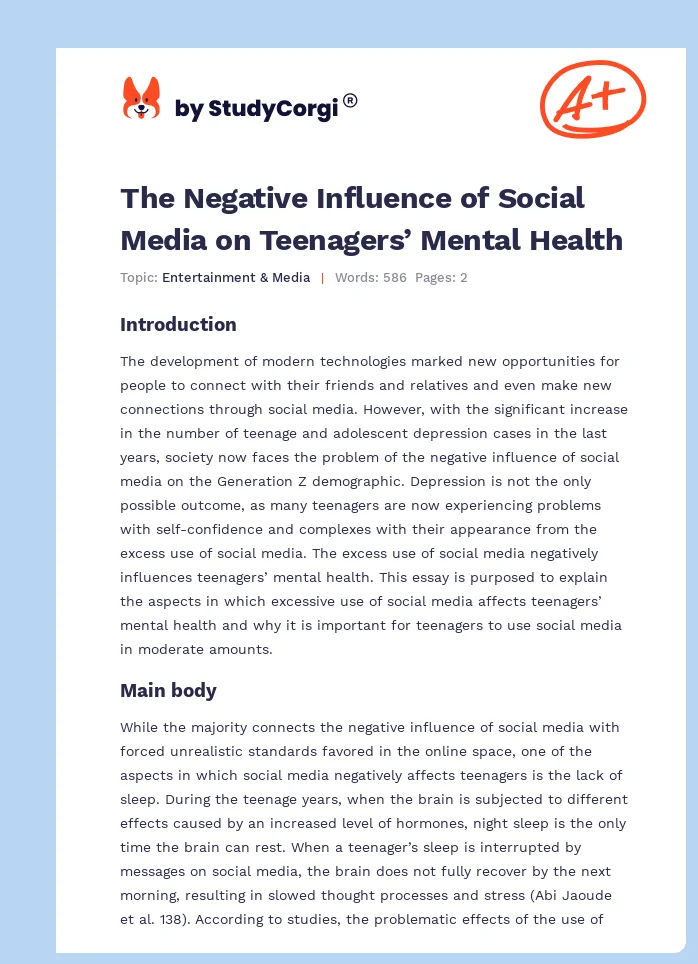 The Negative Influence of Social Media on Teenagers’ Mental Health. Page 1