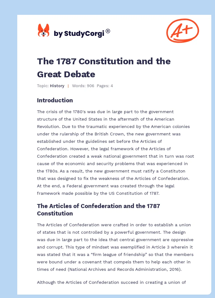 The 1787 Constitution and the Great Debate. Page 1