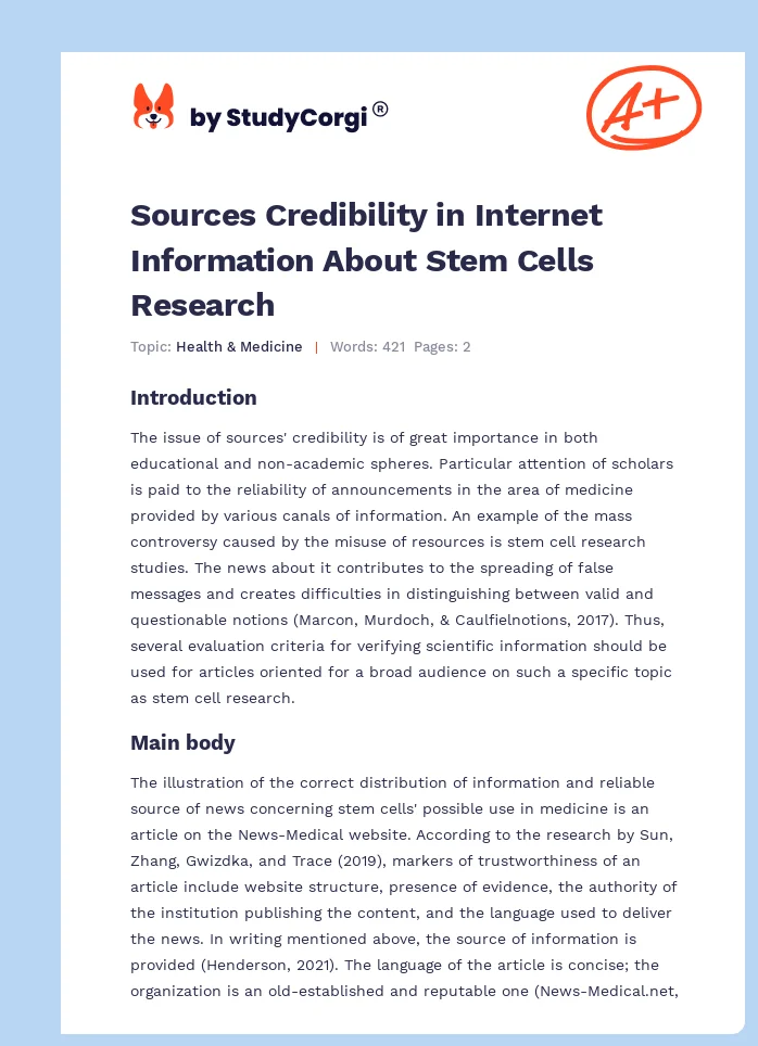 Sources Credibility in Internet Information About Stem Cells Research. Page 1