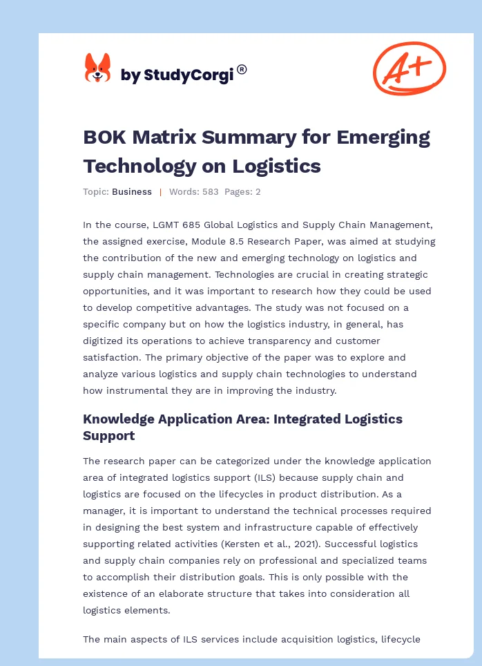 BOK Matrix Summary for Emerging Technology on Logistics. Page 1