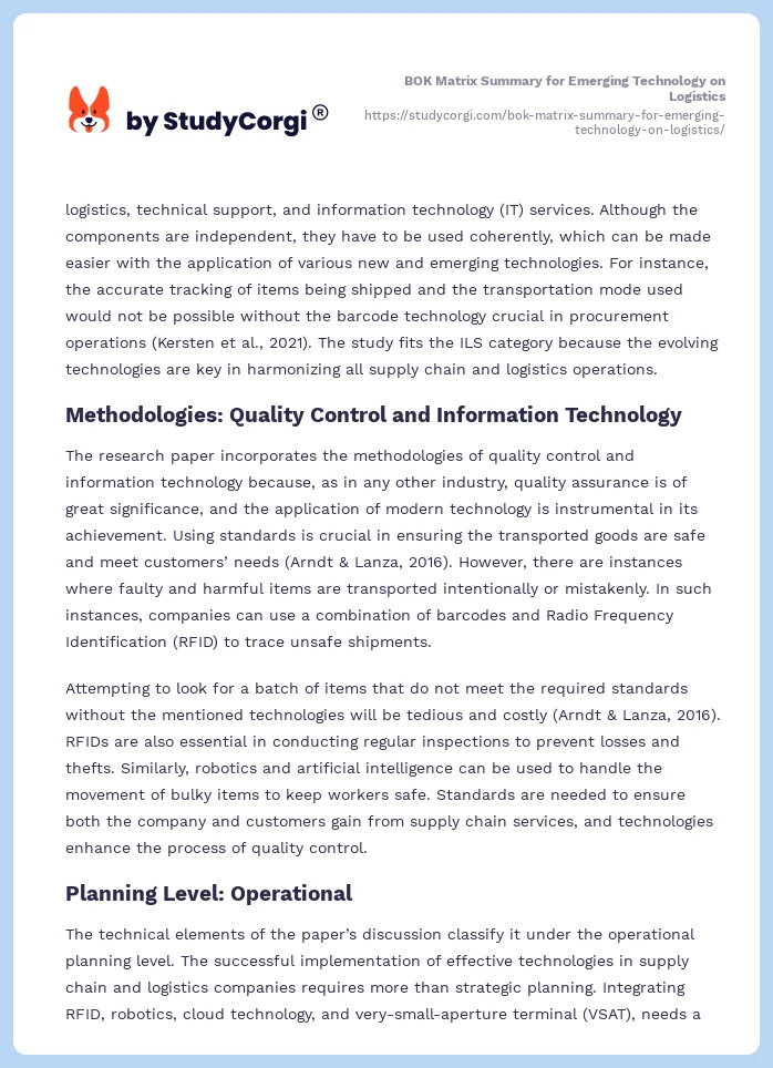 BOK Matrix Summary for Emerging Technology on Logistics. Page 2