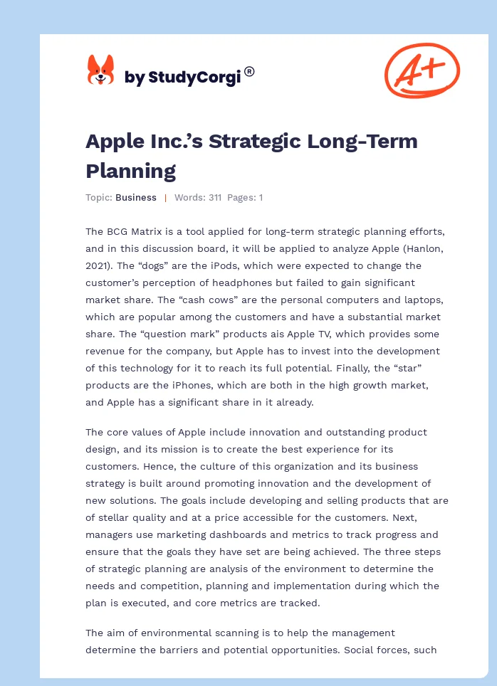 Apple Inc.’s Strategic Long-Term Planning. Page 1