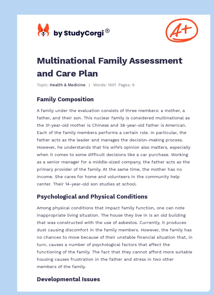 Multinational Family Assessment and Care Plan. Page 1