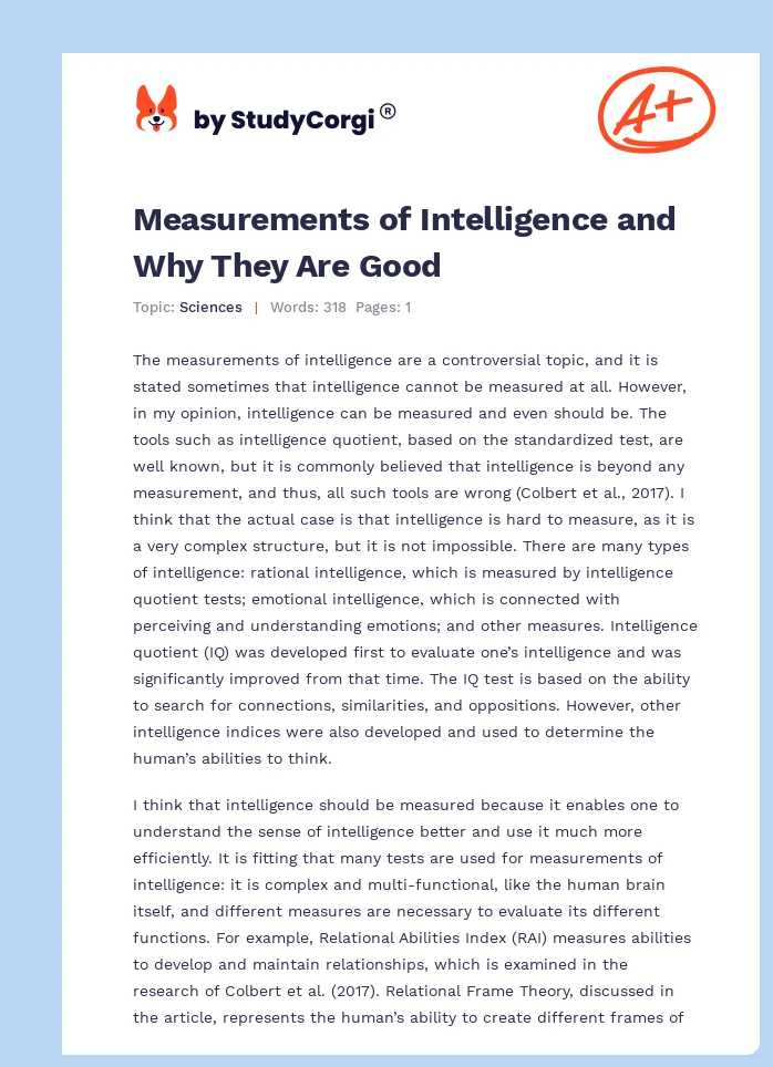 Measurements of Intelligence and Why They Are Good. Page 1