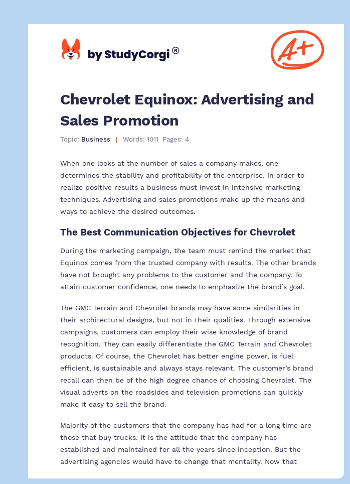 Chevrolet Equinox: Advertising and Sales Promotion. Page 1