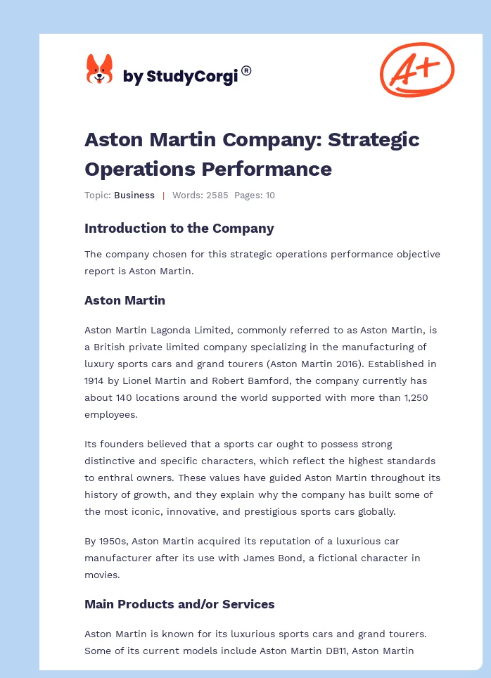 Aston Martin Company: Strategic Operations Performance. Page 1