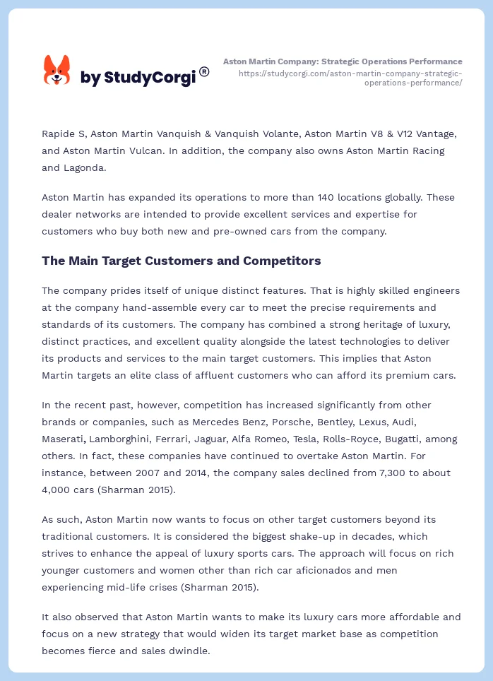 Aston Martin Company: Strategic Operations Performance. Page 2