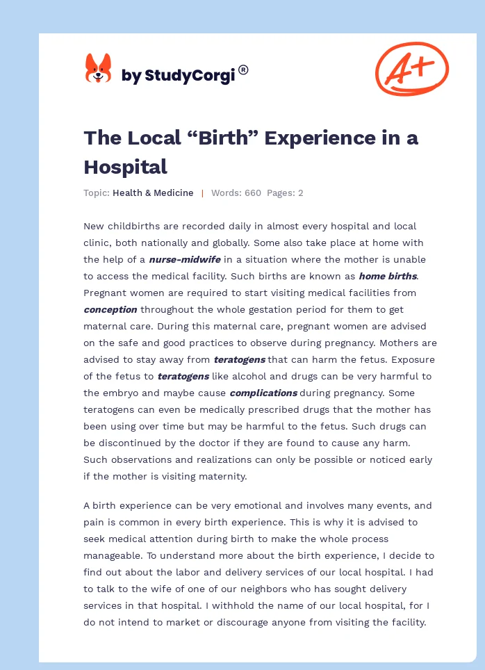 The Local “Birth” Experience in a Hospital. Page 1