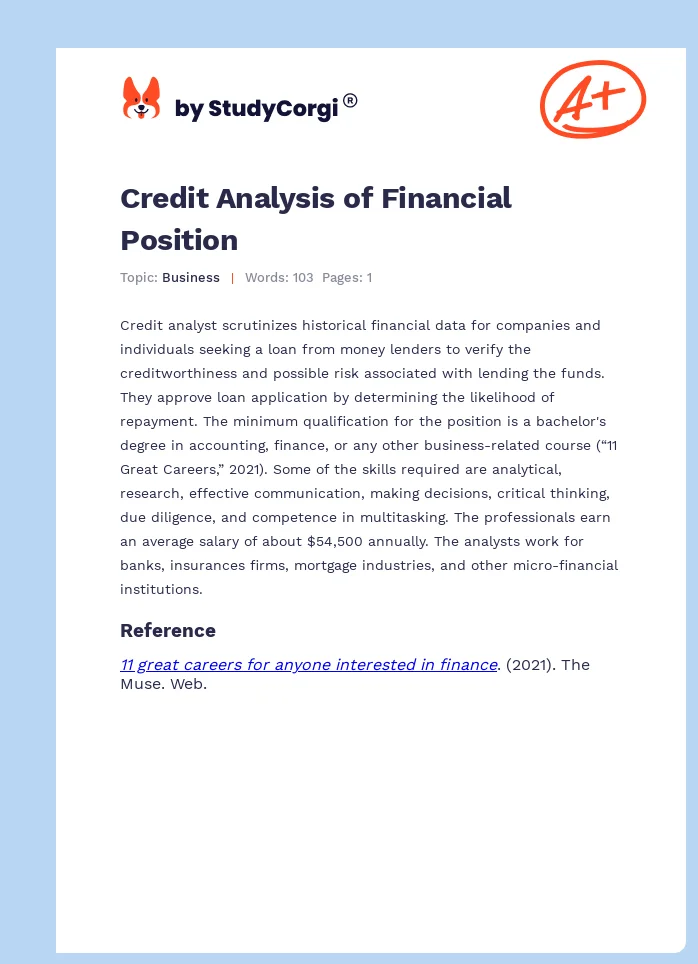 Credit Analysis of Financial Position. Page 1