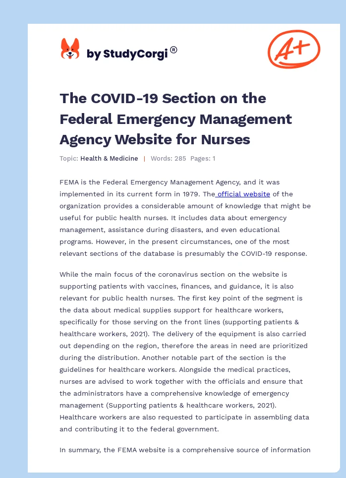 The COVID-19 Section on the Federal Emergency Management Agency Website for Nurses. Page 1