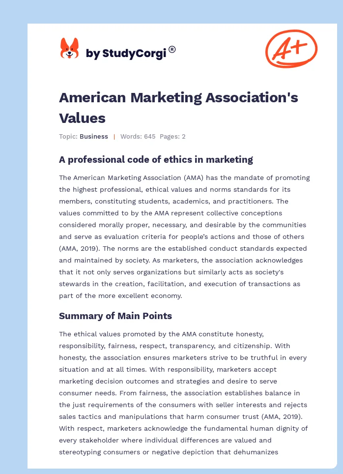 American Marketing Association's Values. Page 1