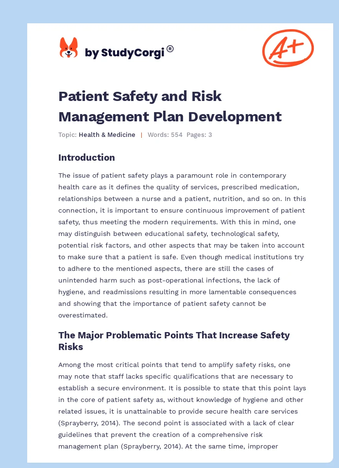 Patient Safety and Risk Management Plan Development. Page 1