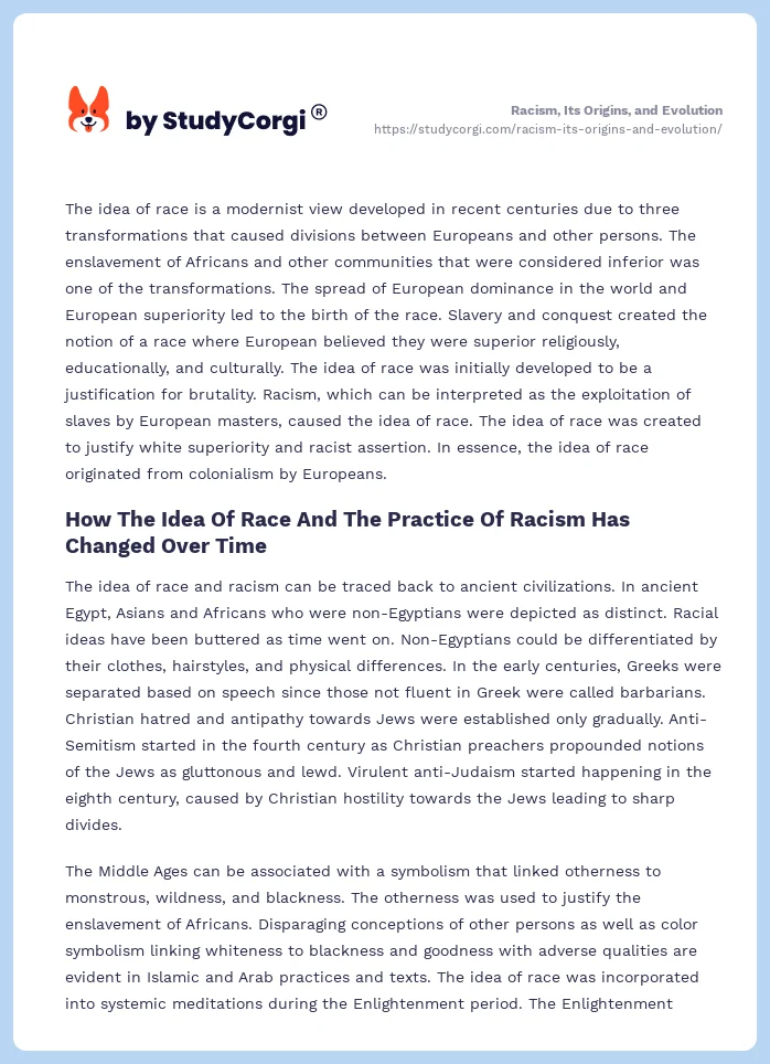 Racism, Its Origins, and Evolution. Page 2