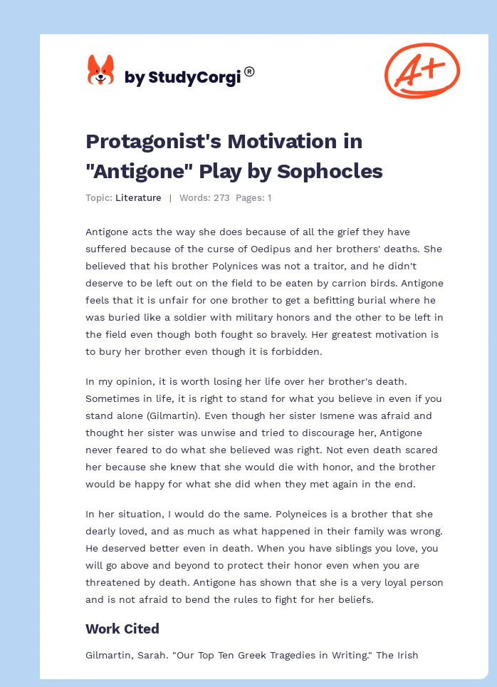 Protagonist's Motivation in "Antigone" Play by Sophocles. Page 1