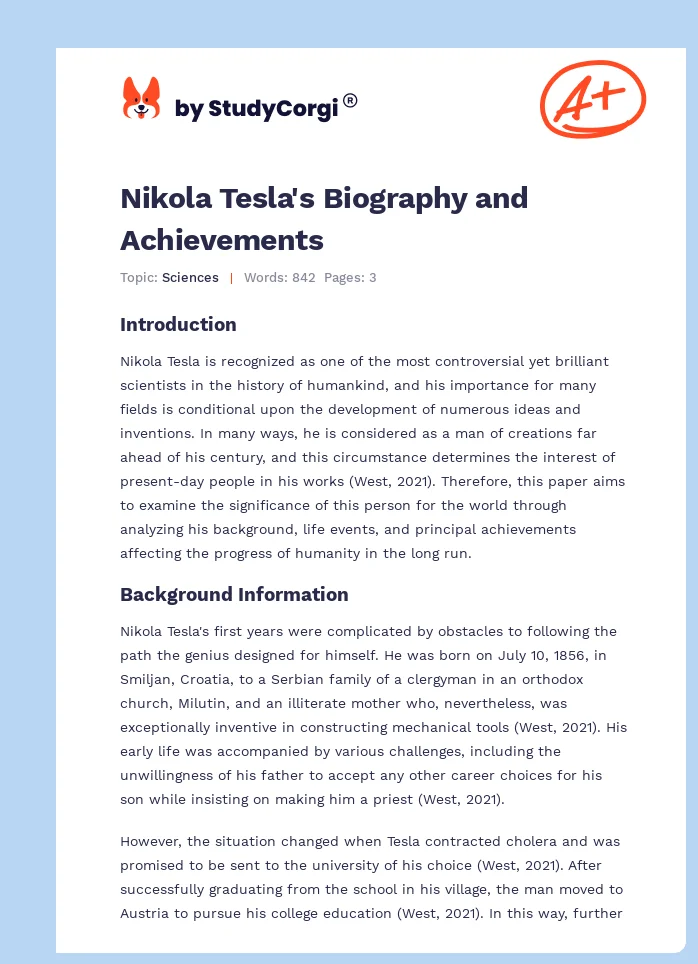 Nikola Tesla's Biography and Achievements. Page 1
