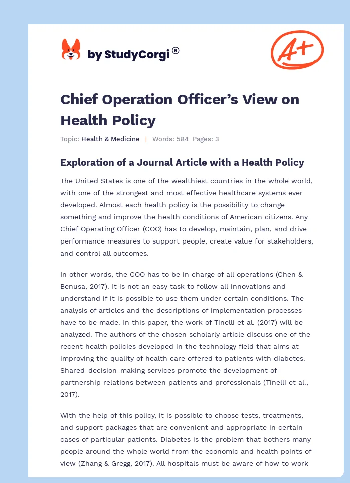 Chief Operation Officer’s View on Health Policy. Page 1