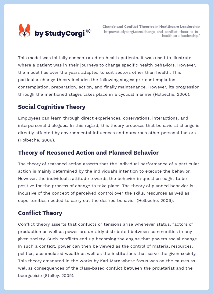 Change and Conflict Theories in Healthcare Leadership. Page 2