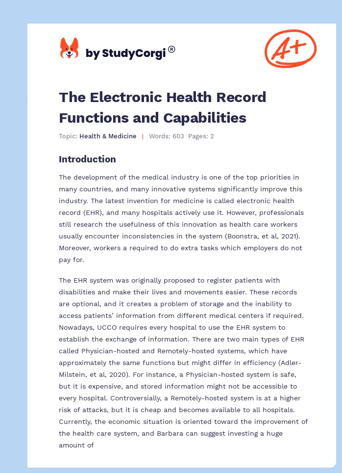 The Electronic Health Record Functions and Capabilities. Page 1