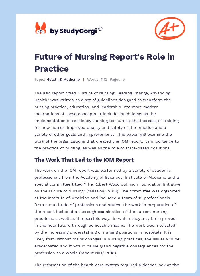 Future of Nursing Report's Role in Practice. Page 1