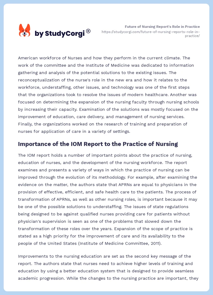 Future of Nursing Report's Role in Practice. Page 2