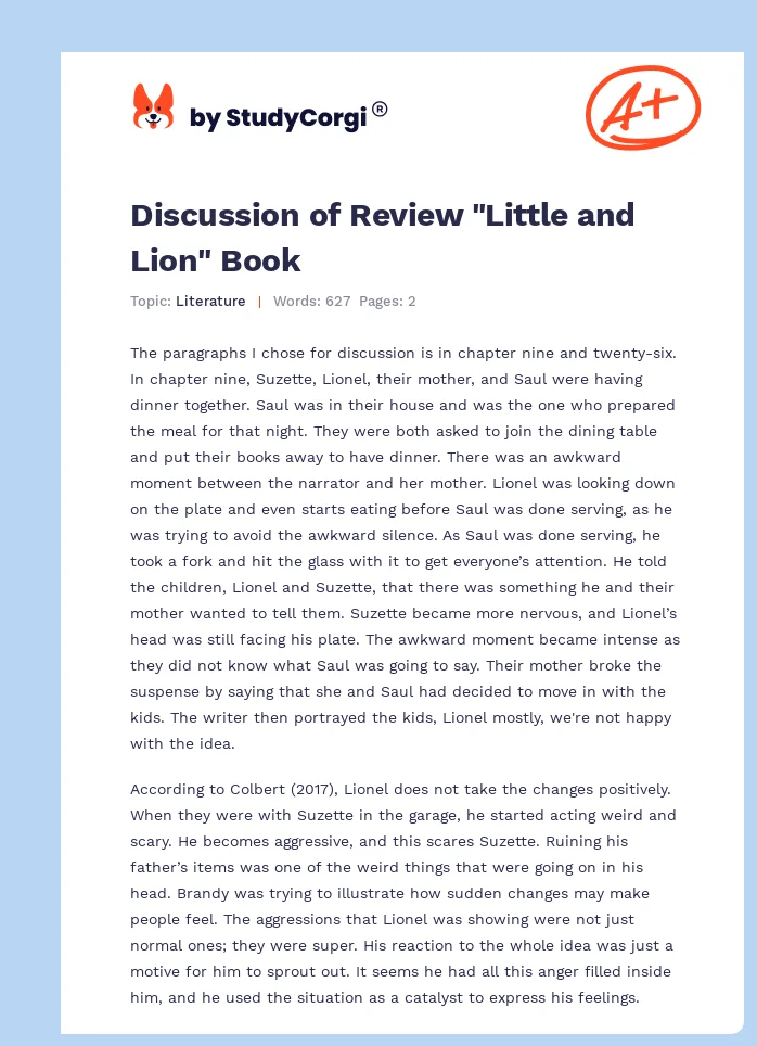 Discussion of Review "Little and Lion" Book. Page 1