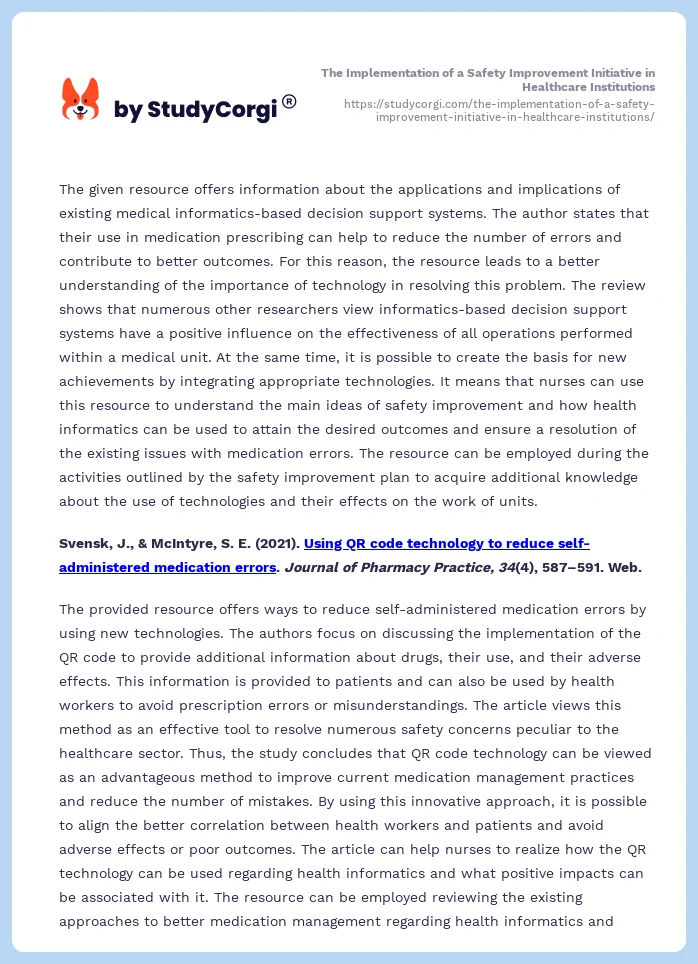The Implementation of a Safety Improvement Initiative in Healthcare Institutions. Page 2