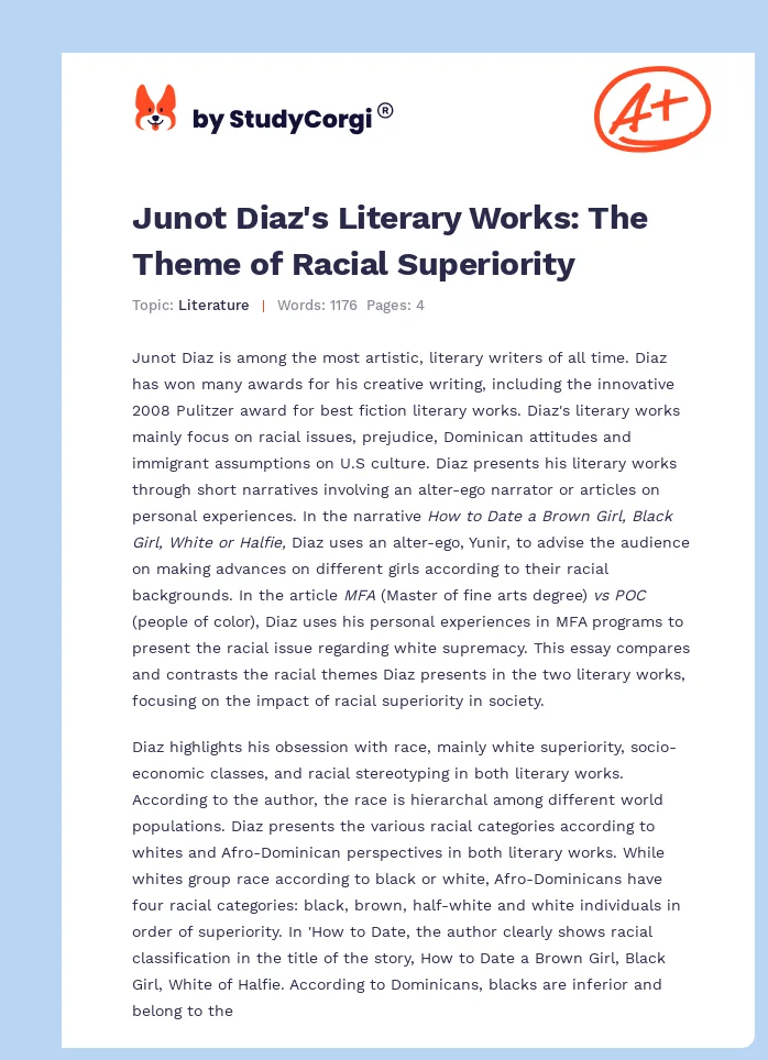 Junot Diaz's Literary Works: The Theme of Racial Superiority. Page 1