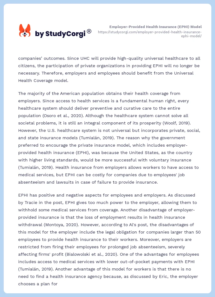 Employer-Provided Health Insurance (EPHI) Model. Page 2