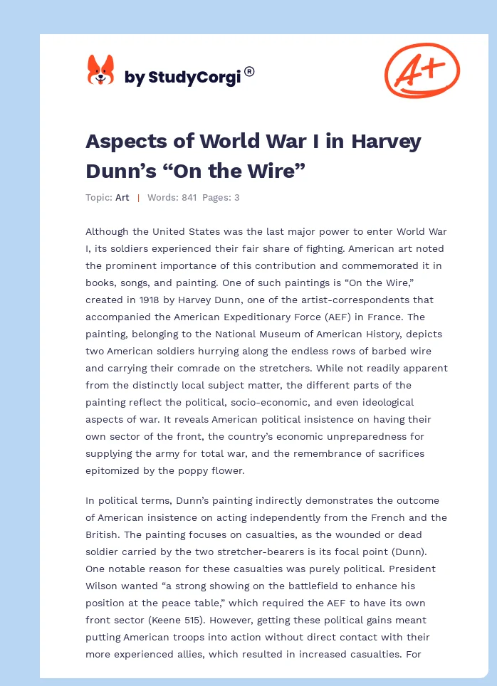 Aspects of World War I in Harvey Dunn’s “On the Wire”. Page 1