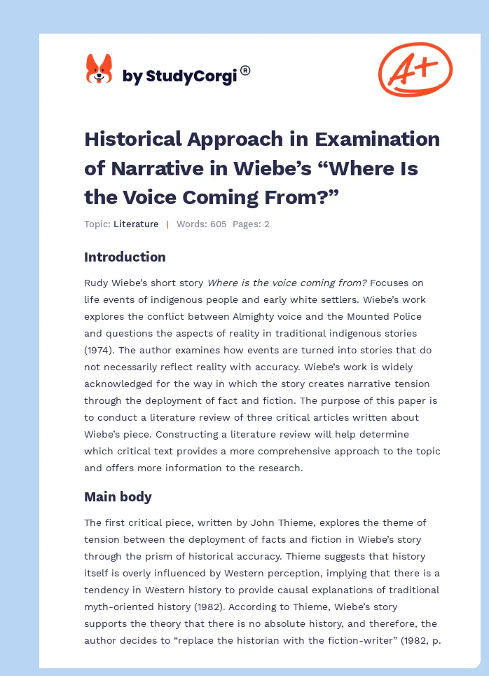Historical Approach in Examination of Narrative in Wiebe’s “Where Is the Voice Coming From?”. Page 1