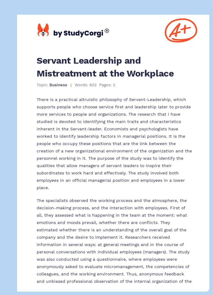 Servant Leadership and Mistreatment at the Workplace. Page 1