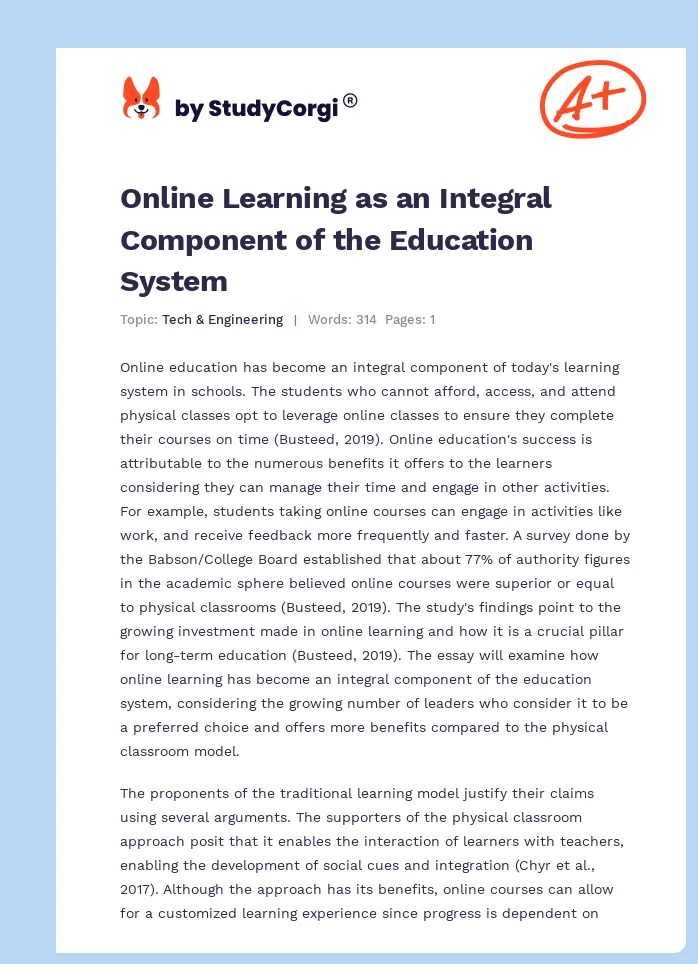 Online Learning as an Integral Component of the Education System. Page 1