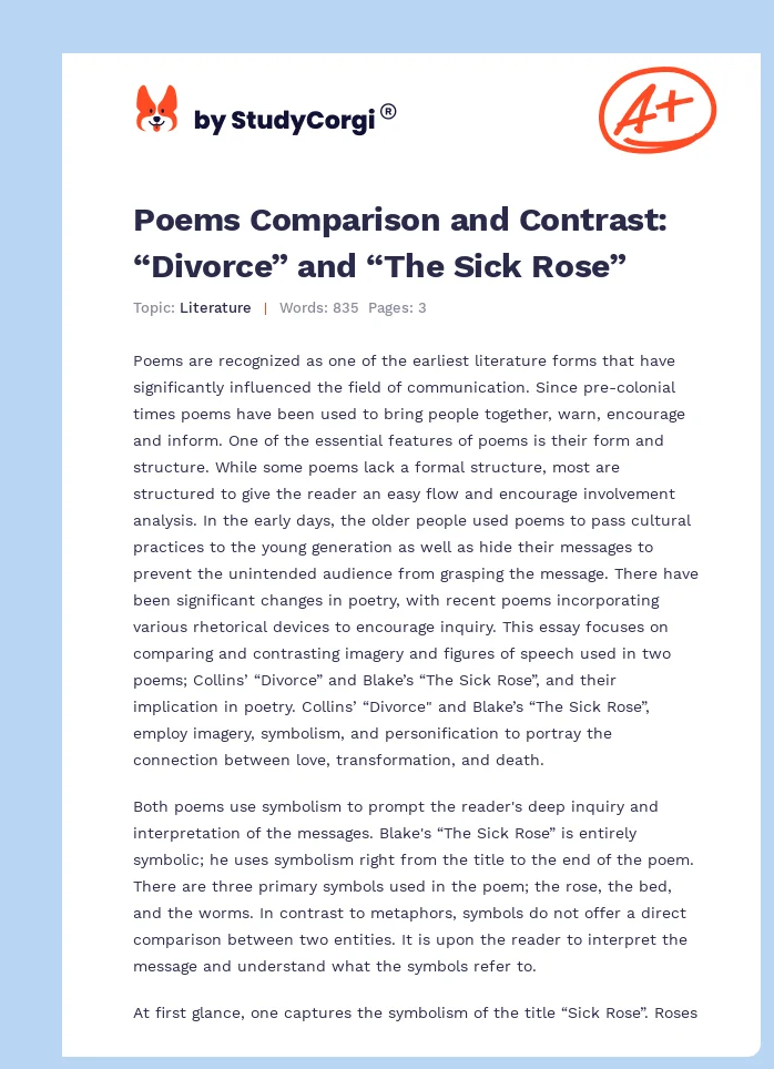 Poems Comparison and Contrast: “Divorce” and “The Sick Rose”. Page 1