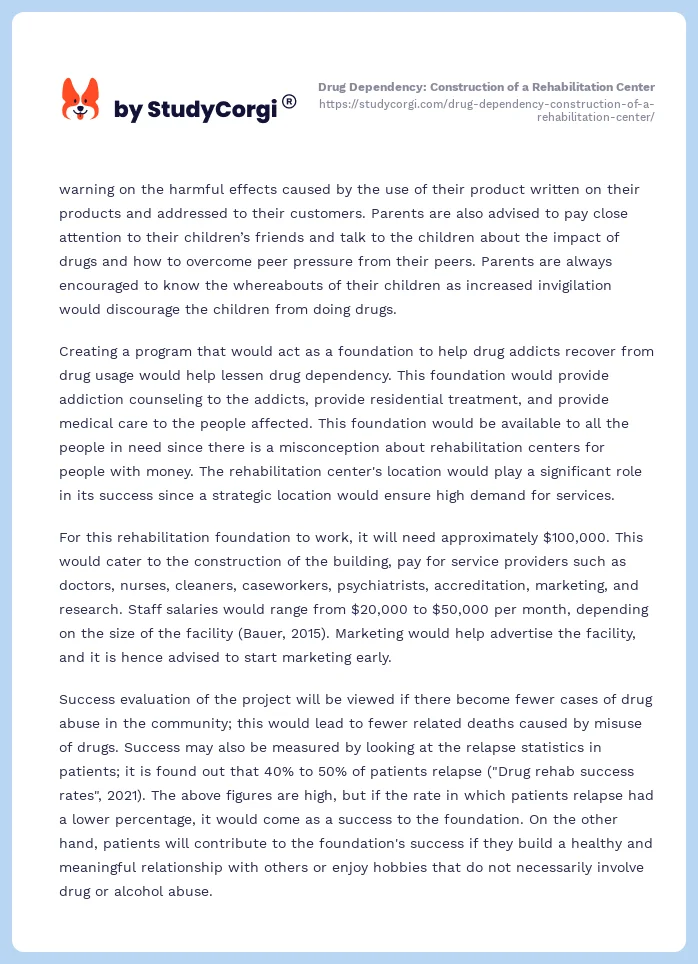 Drug Dependency: Construction of a Rehabilitation Center. Page 2