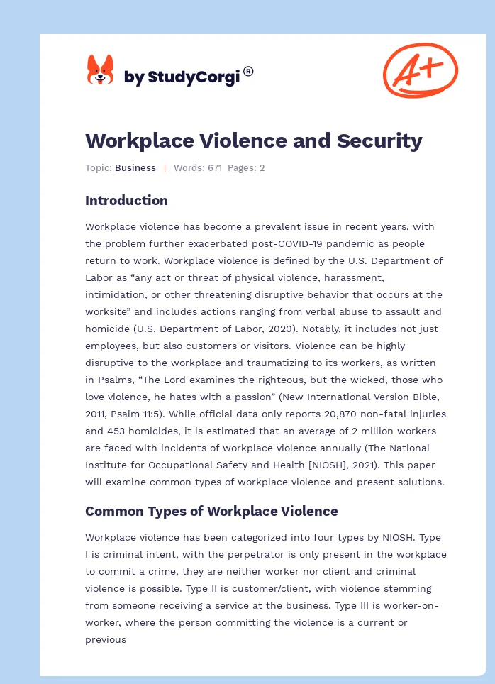 Workplace Violence and Security. Page 1