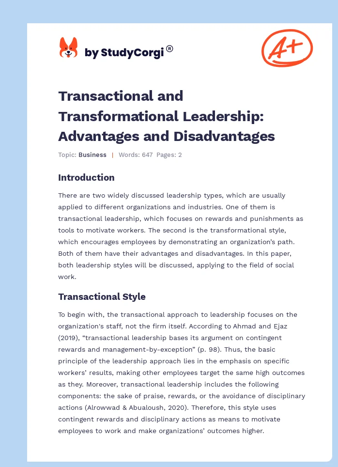 Transactional and Transformational Leadership: Advantages and Disadvantages. Page 1