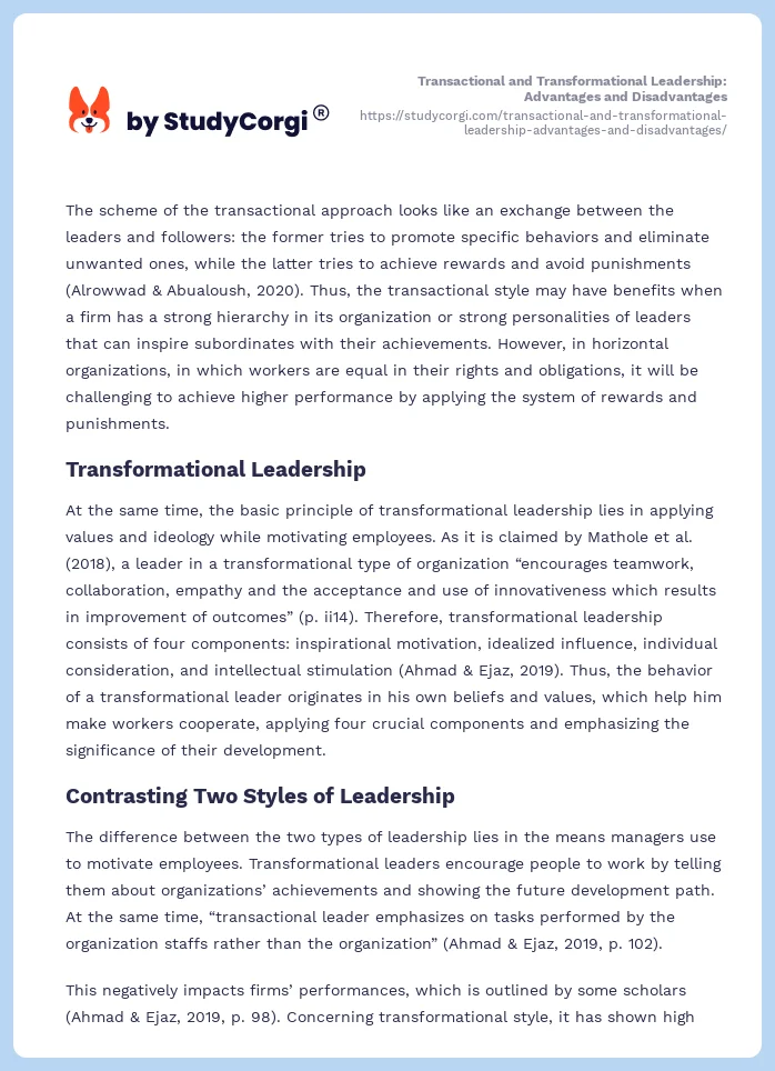 Transactional and Transformational Leadership: Advantages and Disadvantages. Page 2