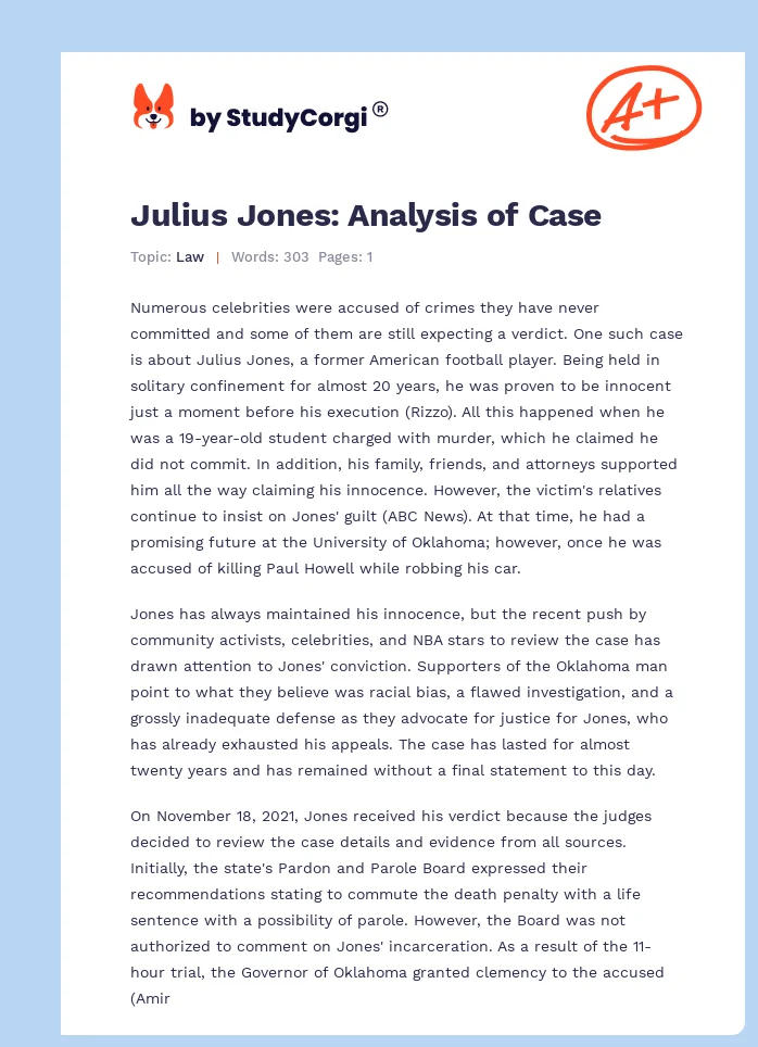 Julius Jones: Analysis of Case. Page 1