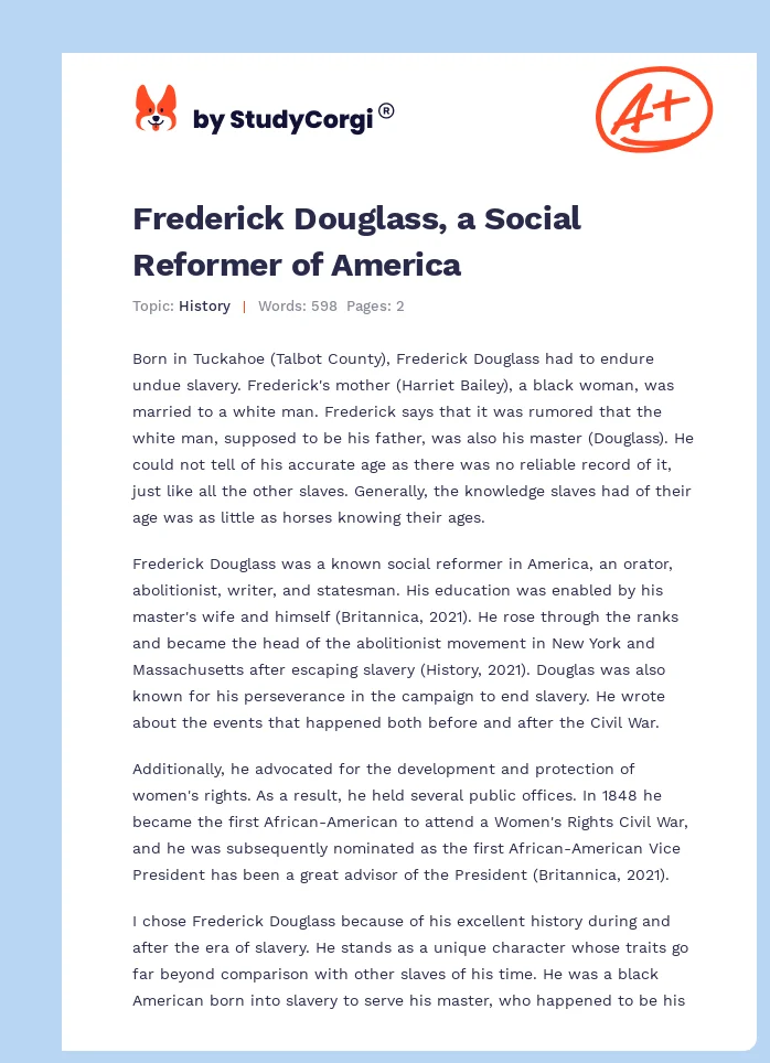 Frederick Douglass, a Social Reformer of America. Page 1